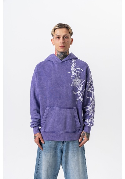 Respire Erkek Far From Basic Baskılı Yıkamalı Kapüşonlu Oversize Hoodie Mor