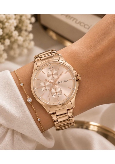 Ferrucci Fc49120 Spor Model Rosegold Çelik Kordon Ve Kasa Kadın Kol Saati+bileklik Hediye Rose Gold