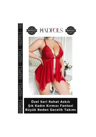 Hadpols Özel Seri Rahat Askılı Şık Kadın Kırmızı Fantezi Büyük Beden Gecelik Takımı