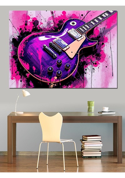 Mor Elektro Gitar Patlaması Dekoratif Kanvas - Mdf Ahşap Tablo