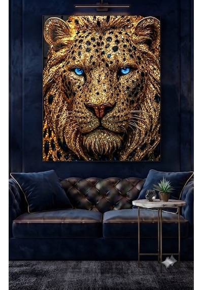 Tamperli Uv Baskı Kırılımaz Cam Tablo Ev Ofis Duvar Dekor Hediyelik Tablo Luxury Premium Aslan Altın Canlı Sağlam Gerçek Cama