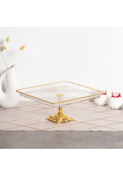Elta Collection 2 Li Paşabahçe Kristal Metal Ayaklı Yaldızlı Kare Pasta Sunumluk Kurabiyelik Gold