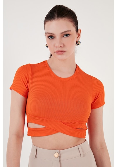 Lela Fitilli Bel Detaylı Kısa Kollu Dar Kesim Crop Bayan Bluz 5864211 Oranj