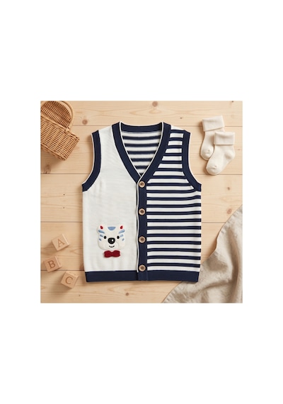 Deniva Kids Unisex Bebek & Çocuk Çizgili Ayıcık Nakışlı Düğmeli Triko Yelek Süveter Beyaz