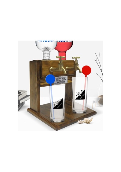 Kişiye Özel Renkli Baskılı İsimli İkili Vodka Bardağı Ve Çift Musluklu Doğal Ahşap Vodka Standı-27