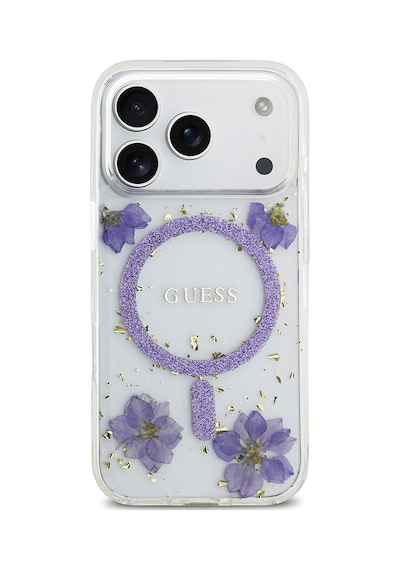 Apple Uyumlu iPhone 17 Pro Kılıf Guess Lisanslı M-safe Şarj Özellikli Transparan Resin Flowers Kapak Mor Mor