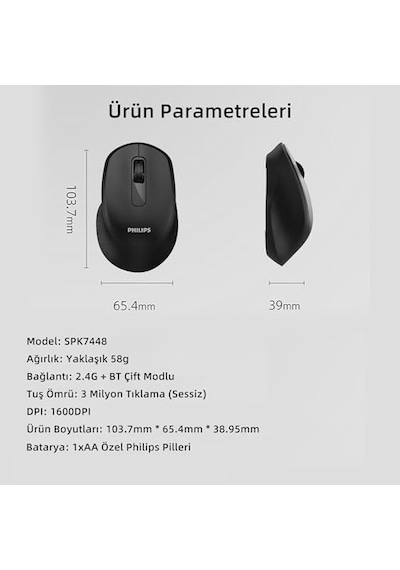 Spk7448 Bluetooth 5.2 Ve 2.4ghz 1600dpı Sessiz Optik Kablosuz Mouse Siyah