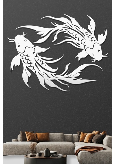 Koi Balıkları Metal Duvar Tablosu - Metal Duvar Sanatı - Beyaz - 30 X 23 Cm
