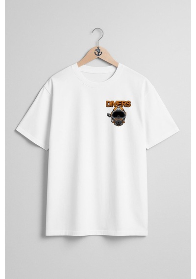 Oversize Divers Dalgıç Başlığı Cep Ve Sırt Tasarımlı Unisex T-shirt Beyaz
