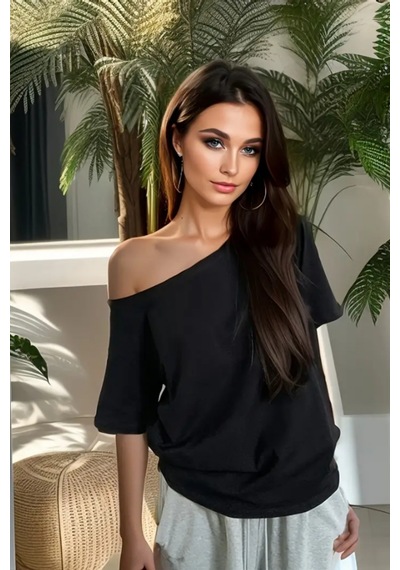 Cool Tarz Siyah Kadın Düşük Omuz Kayık Yaka Oversize T-shirt Siyah Siyah