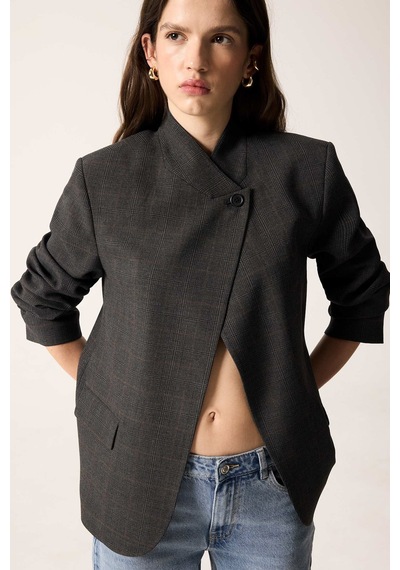 Defacto Ekose Desenli Asimetrik Hakim Yaka Blazer Ceket I2913ax26aubn601 Kahve-bn601