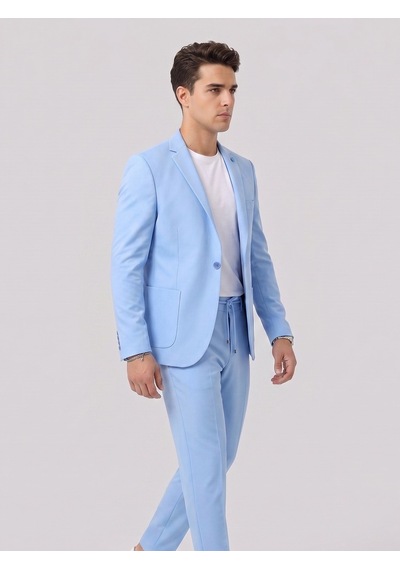 Tk6887 Pike Kumaş Jogger Pantolonlu Erkek Takım Elbise Torba Cepli Tek Düğme Slim Fit Kombin Bebek Mavi