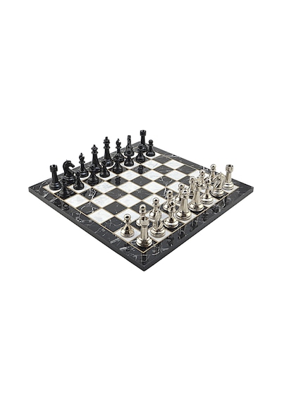 Gifthome Premium Black Metal Klasik Satranç Takımı Ve Mermer Desenli Düz Mdf Tahtası 37x37 Cm.