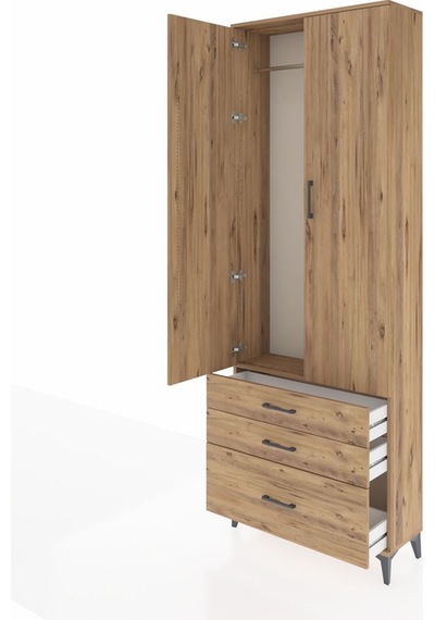 Arges Dolap Tek Raflı 3 Çekmeceli Tek Askılı 88x30x243 Çam-çam Atlas Çam