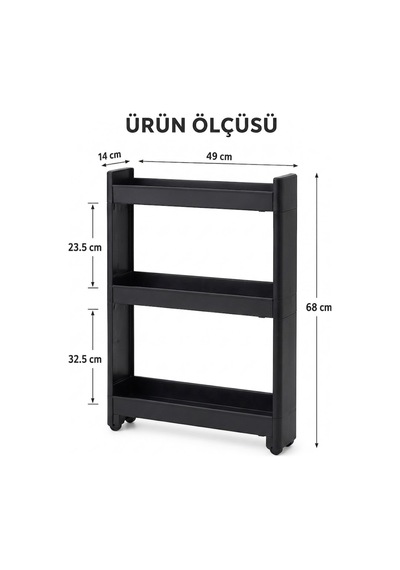 3'lü Slim Dar Alan Organizer Raf, Tekerlekli Çok Amaçlı Mutfak Ve Banyo Düzenleyici Siyah Siyah Siyah