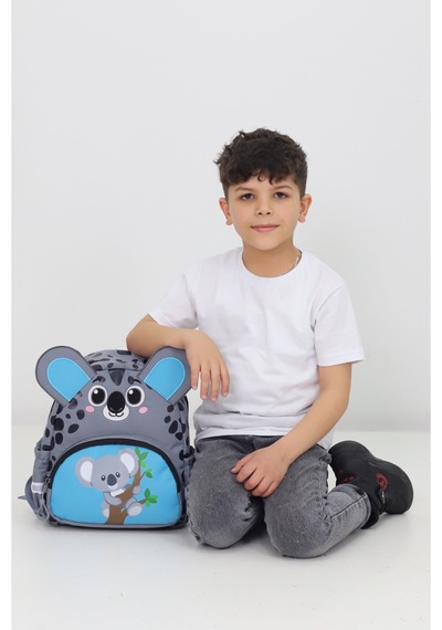 Anaokulu Kız Erkek Çocuk Sırt Çantası Sevimli Koala Figürlü Gri Mavi Desenli