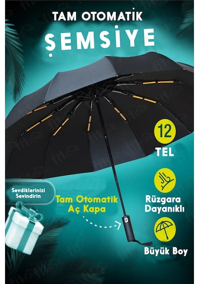 Fitfiyat 12 Tel Tam Otomatik Açılır Kapanır Rüzgara Dayanıklı Siyah Ekstra Güçlü Şemsiye Siyah