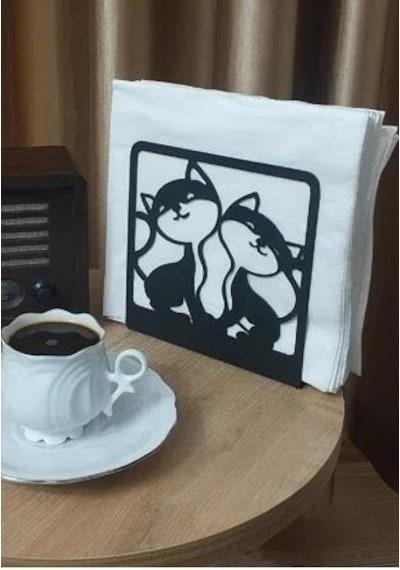 Kedi Desenli Peçetelik Sofra Mutfak Peçetelik Siyah Siyah