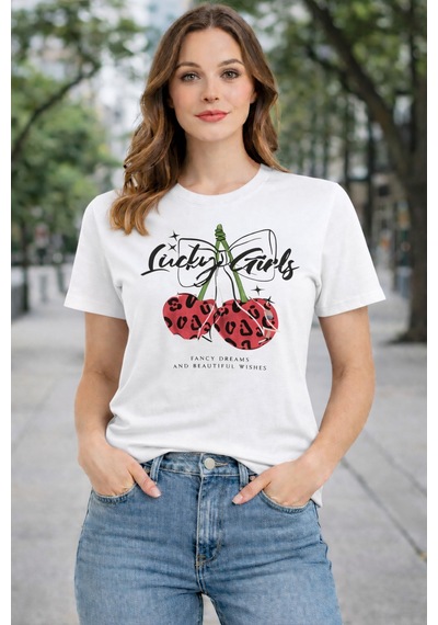 Herkesemoda Luck Girls Baskı Detaylı Basic T-shırt Beyaz