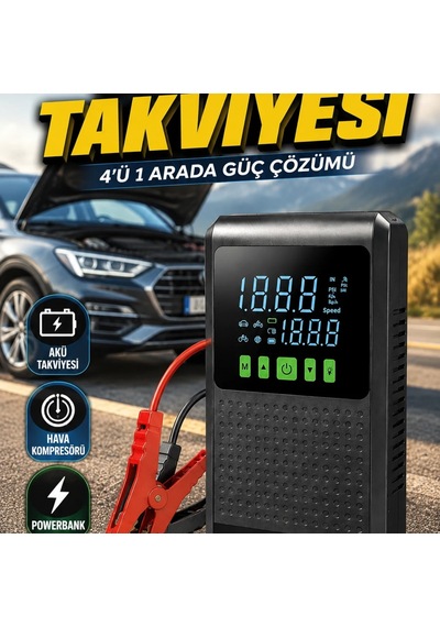 4 Ü 1 Arada Akıllı Jump Starter Hava Kompresörlü Powerbank Led Fener