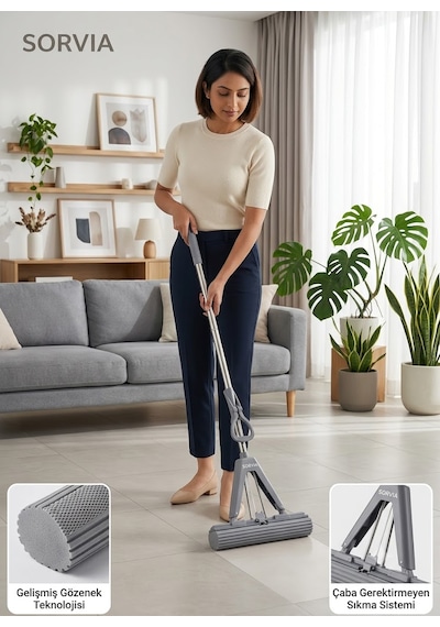 Kelebek Mop Kendinden Sıkmalı Pva Sünger Mop 124 Cm Çelik Saplı Yer Silme Ve Zemin Temizlik Mopu Kıl Tüy Toz Toplayan Temizlik Seti