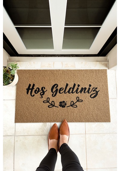 Hoş Geldiniz Yazılı Çiçekli Kapı Önü Paspası