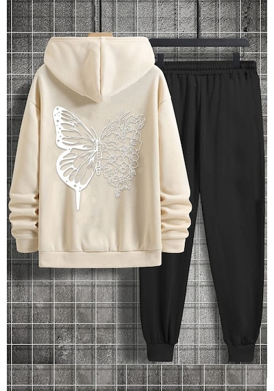 Uyguntarz Unisex Drawing Butterflies Sırt Baskılı Eşofman Takımı Bej