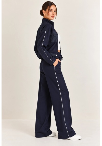 Mevese Biyeli Detaylı Dik Yaka Fermuarlı Sweatshirt & Wide Leg Eşofman Takım - Lacivert Mevese Biyeli Detaylı Dik Yaka Fermuarlı Sweatshirt & Wide Leg Eşofman Takım - Lacivert