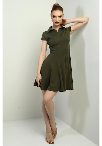 By Saygı Kadın Polo Yaka Ay Kollu Likralı Kloş Kısa Elbise-40786 Haki