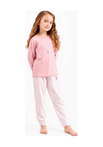 U.S. Polo Assn. Çizgili Uzun Kollu Kız Çocuk Pijama Takımı Gül Kurusu