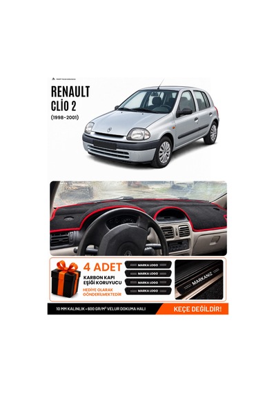 Renault Clio 2 Ekranlı 1998-2001 Uyumlu Torpido Örtüsü, Torpido Kılıfı - Siyah Kırmızı