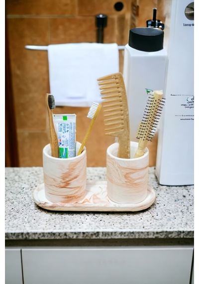 Banyo Seti Turuncu Renk Tepsili Diş Fırçalık, Diş Macunluk, Makyaj Organizeri,banyo Takım Gri
