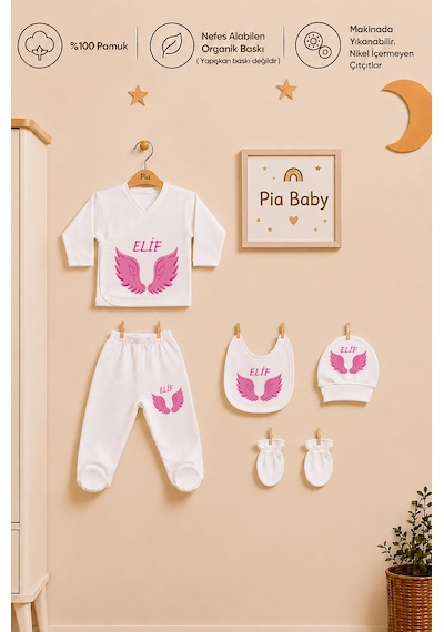 Pia Baby Kişiye Özel %100 Pamuk Kız Bebek Zıbın Seti 5 Parça Patikli Pantolon Şapka Önlük Eldiven 2055z3x Krem