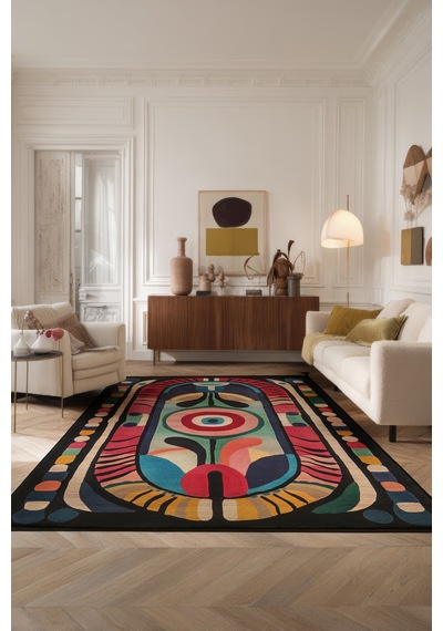 Artevo 07 Siyah Renkli Püsküllü Soyut Desenli Halı Modern Mutfak Koridor Oturma Odası Salon Halısı Renkli H