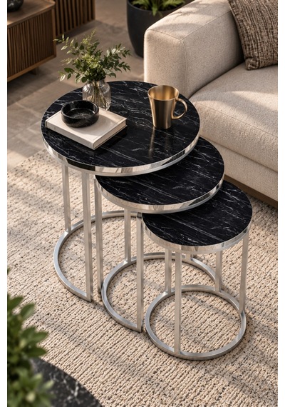Sulorahome Siyah Mermer Desenli Gümüş Metal Ayaklı 3'lü Zigon Sehpa Takımı