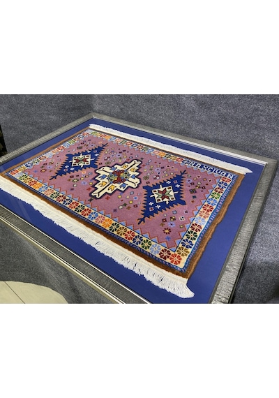 El Dokuma 72X91 Pembe Azerbaycan Halısı Hediyelik Çerçeveli Tablo Pembe - Lacivert
