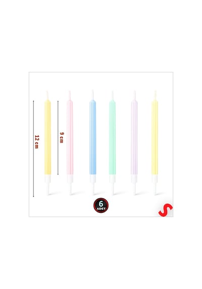 Makaron Renkli Sedef İnce Pasta Mumu 12 Cm - 6 Adet Karışık Renkli
