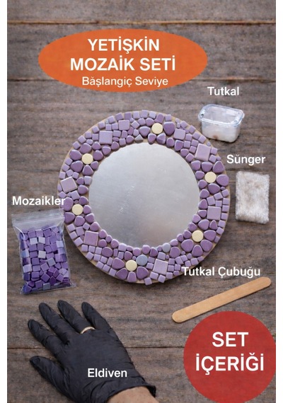 30x30cm Yuvarlak Pleksi Aynalı Yetişkin Mozaik Set Başlangıç Seviye Mor Tonlar