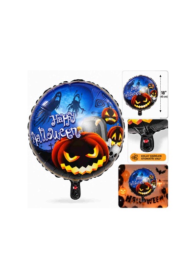 Balkabağı Desenli Folyo Balon 18 İnç 45 Cm Açık Mavi - Gold