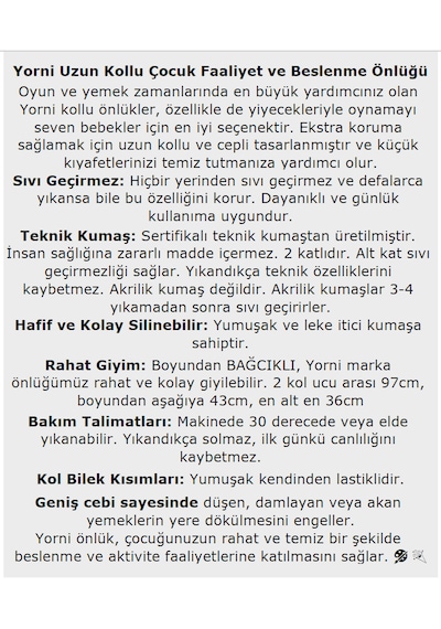 Yorni 3-5 Yaş Zoo Bağcıklı Sıvı Geçirmez Makinede Yıkanabilir Uzun Kollu Boyundan Bağlamalı Bebek Mama Önlüğü Beyaz