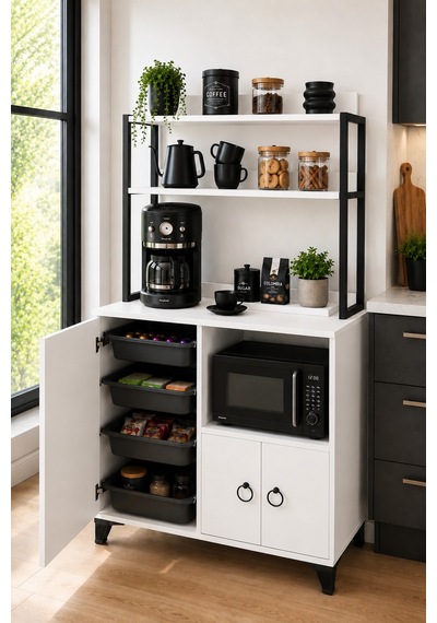 Çok Amaçlı Kahve Köşesi Ve Mikrodalga Fırın Dolabı Mutfak Düzenleyici Raf Organizer 97x33x165 Cm Beyaz Çok Amaçlı Kahve Köşesi Ve Mikrodalga Fırın Dolabı Mutfak Düzenleyici Raf Organizer 97x33x165 Cm Beyaz