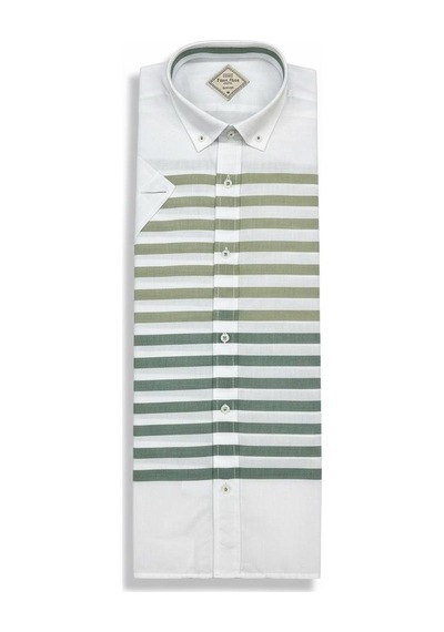 Slim Fit Pamuklu Çizgili Pano Desen Kısa Kollu Gömlek Slim Fit Kalıp Yeşil