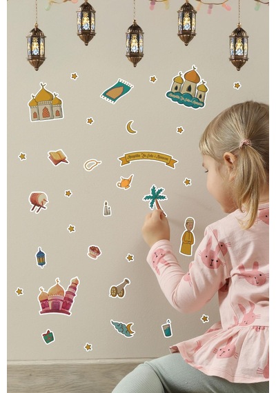 Sevimli Ramazan Figürleri Çocuk Bebek Odası Duvar Cam Dolap Kitap Mini Sticker Seti 123 Parça Dijital Baskı