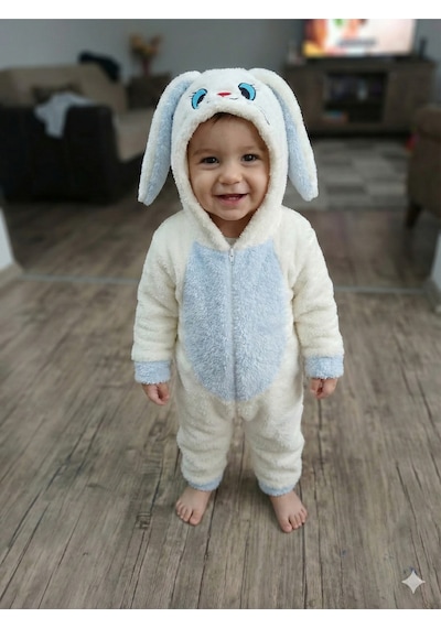 Mj Kids Unisex Bebek Welsoft Peluş Mont-tulum Kapüşonlu Fermuarlı Beyaz