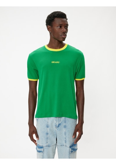 Koton Slim Fit Tişört Slogan Baskılı Kısa Kollu Bisiklet Yaka Yeşil 4sam11078hk Yeşil