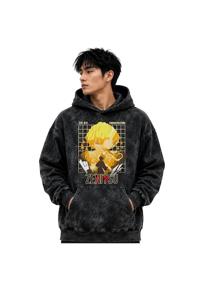 Sevbano Zenitsu Agatsuma Anime Baskılı Unisex Oversize Yıkamalı Premium H Siyah