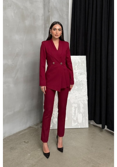 Msm Fashion Kadın İkili Blazer Ceket Pantolon Takım Pile Ve Düğme Detaylı Boru Paça Bordo Msm Fashion Kadın İkili Blazer Ceket Pantolon Takım Pile Ve Düğme Detaylı Boru Paça Bordo