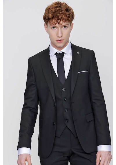 Morven Siyah Yelekli Jakarlı Slim Fit Dar Kesim 6 Drop Erkek Takım Elbise Siyah