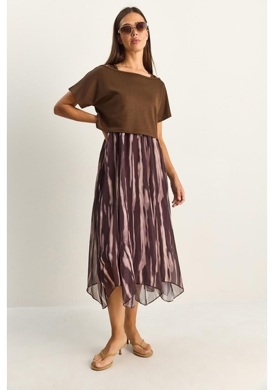 Shade Kadın Crop Tişört Detaylı Astarlı Askılı Şifon Midi Elbise 6135 60286113 - Kahverengi