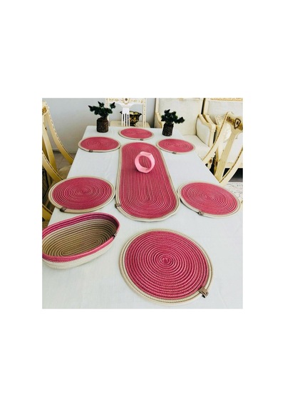 Amerikan Servis Jüt Hasır Sunum Takımı Runner Ekmeklik 8 Parça Pembe Pembe